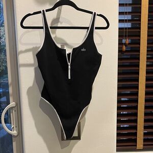 ALO Yoga Bodysuit in Black with White Trim